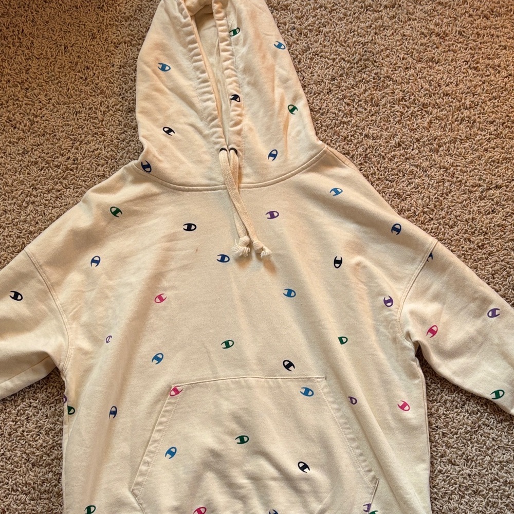 Champion Beige Hoodie with Colorful Logo Accents